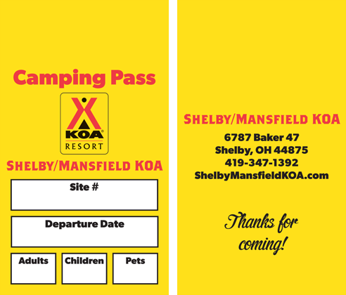 Shelby/Mansfield KOA Resort camping pass