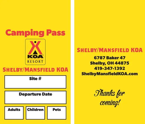 Shelby/Mansfield KOA Resort camping pass