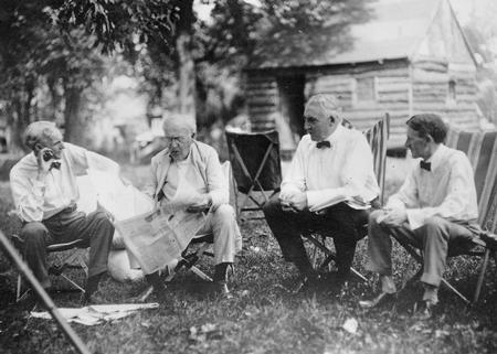 President Warren Harding, Thomas Edison, Henry Ford, and Harvey Firestone