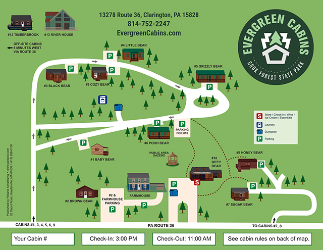 Evergreen Cabins site map